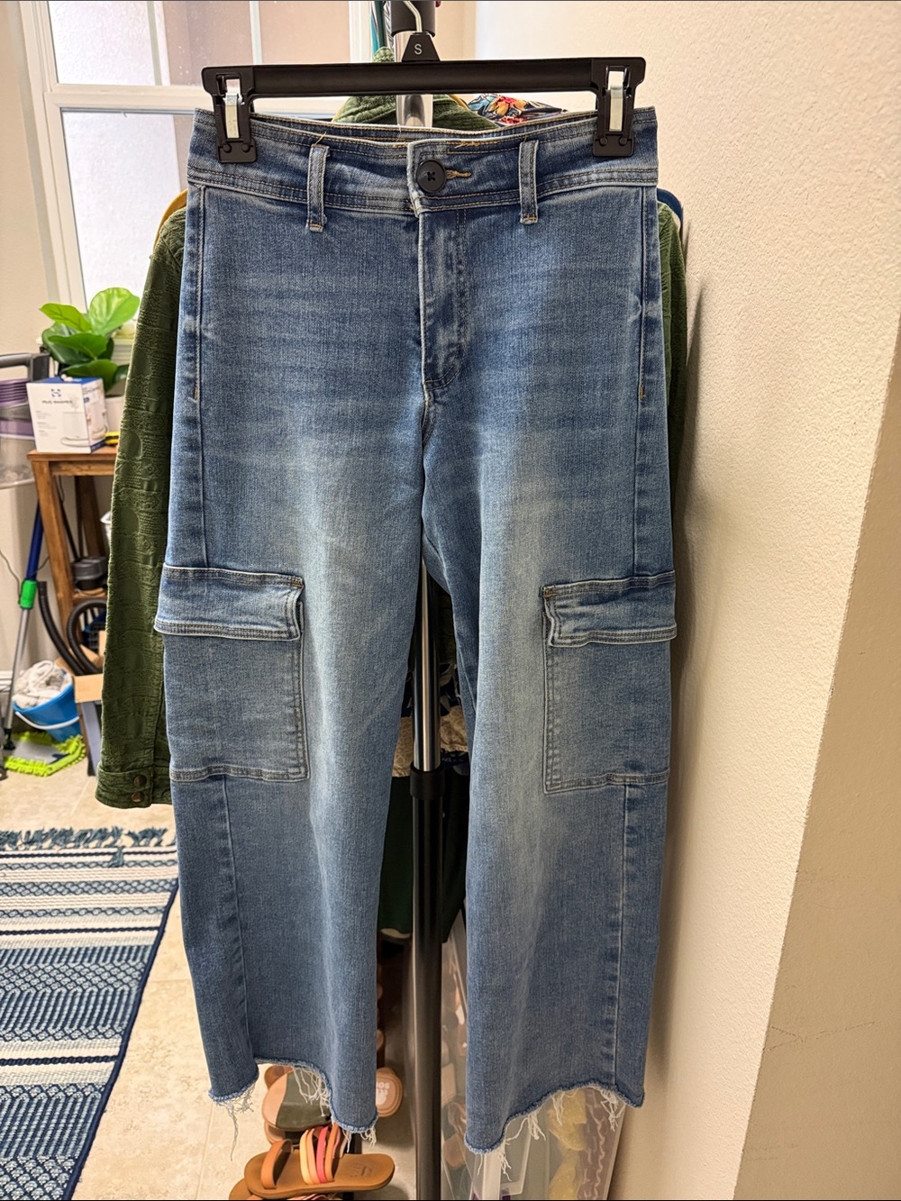 Women’s Light Blue Cargo Jeans - Casual Straight/Wide Leg